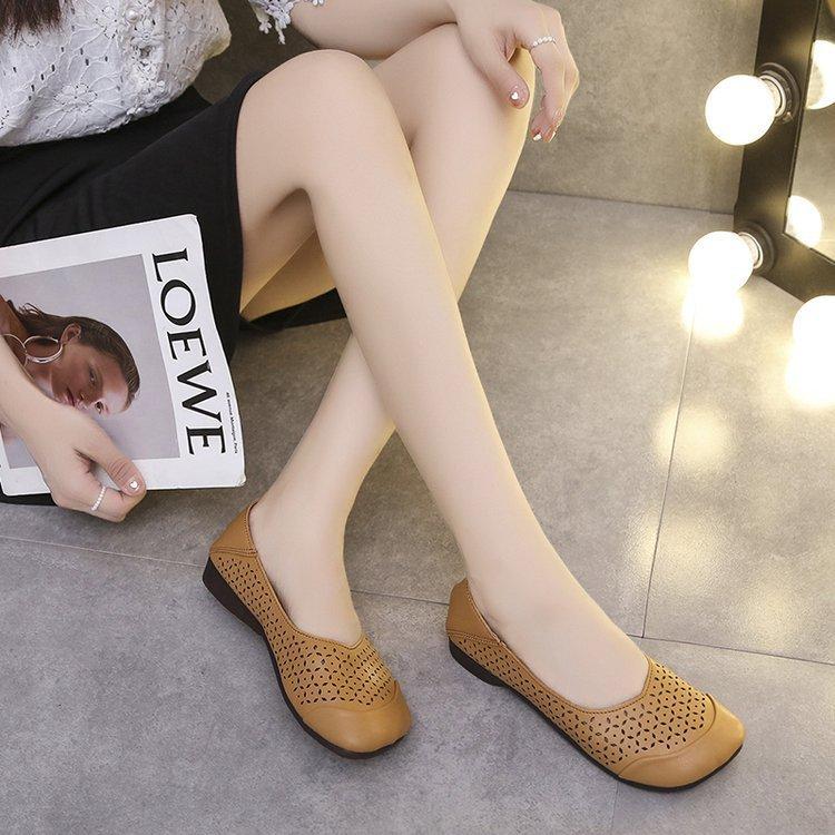 

Summer solid color hollow light mouth leather splicing rubber square head low heel foot cover casual single shoes women 41 світло-коричневого кольору