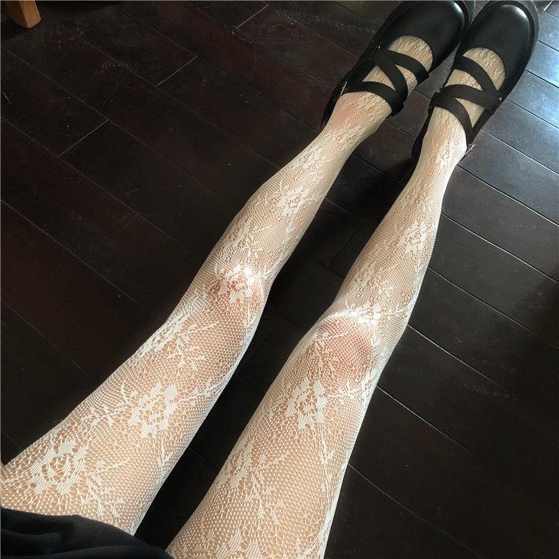 Urholkade Spetsnätstrumpor Botnade Tights Retro Floral Rattan Vit Svart Strumpa Tights