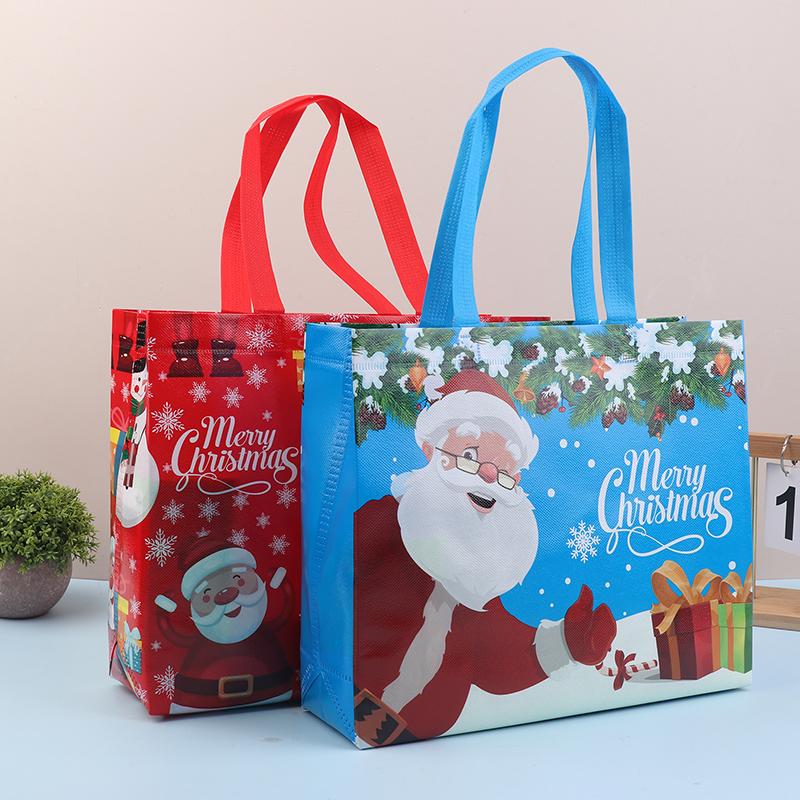 10Pcs Tote Bags Santa Elk Snowflake Tote Bags Thickened Non-woven Printed Waterproof Bags Christmas Gift Decoration Bags