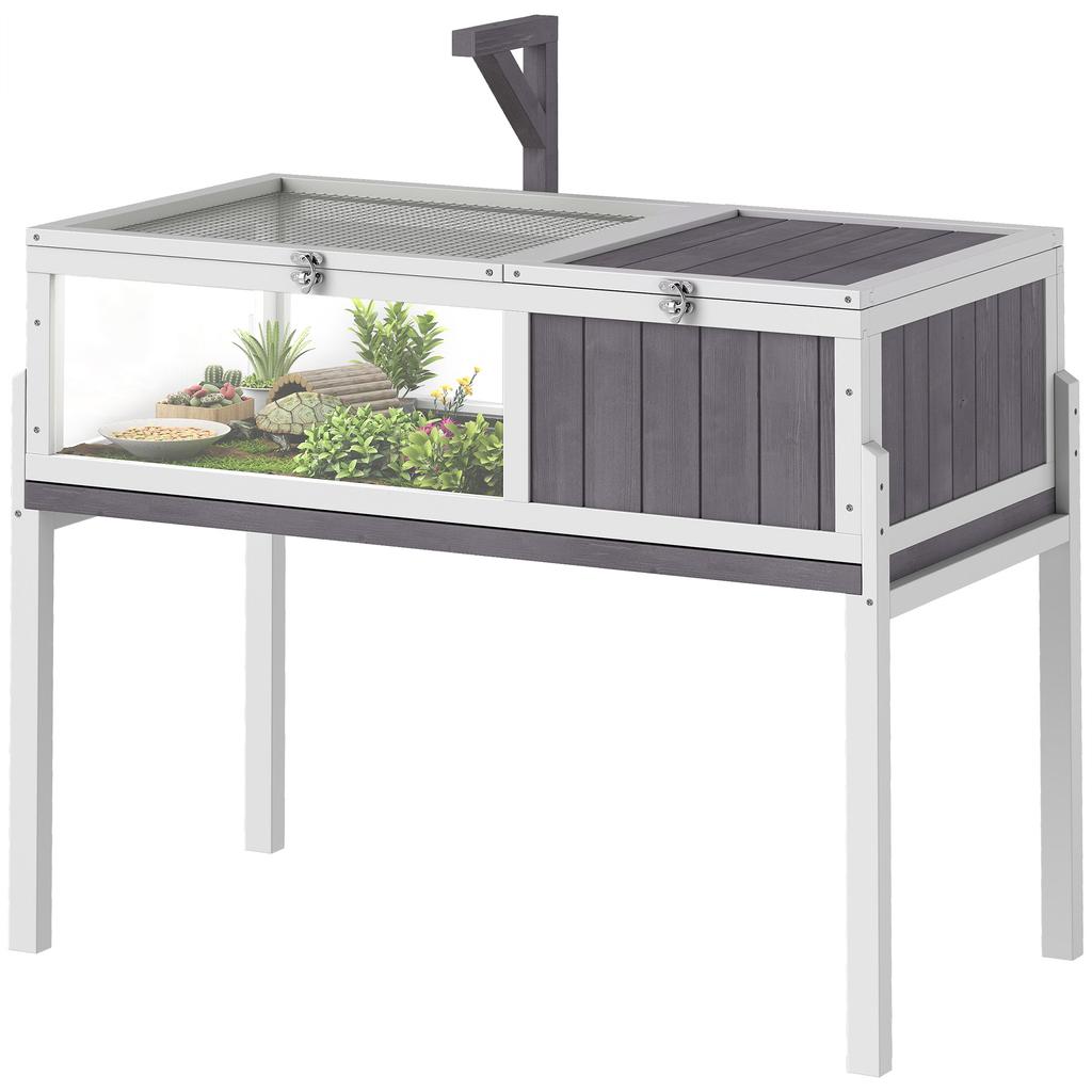Wooden Tortoise Cage with Dual-Zone Habitat, Clear Panels, Openable Top, Metal Mesh, for Tortoises and Small Pets, Grey
