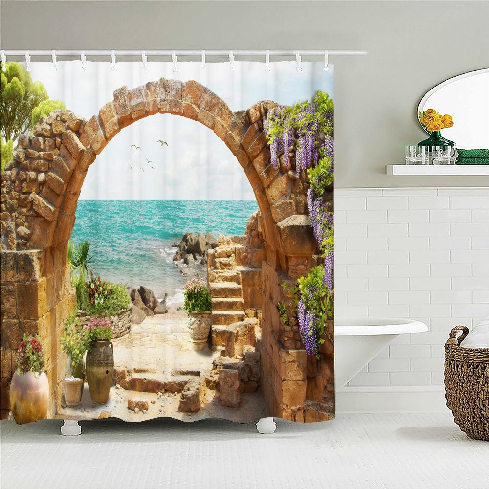 Rural Idyllic Flowers European Garden Shower Curtain Bathroom Waterproof 3d Printed Bath Curtains With 12 Hooks Polyester Cloth