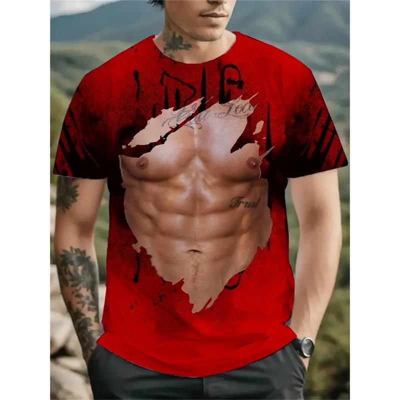 Trendy Brand Abdominal Muscle Pattern Printed Short Sleeved T-shirt for Men's Summer Loose Casual 3d Printed Tee Top