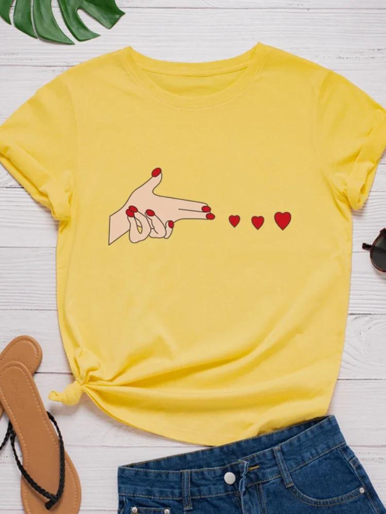 Finger Heart Print Women T Shirt Short Sleeve O Neck Loose Women Tshirt Ladies Tee Shirt Tops Clothes Camisetas Mujer