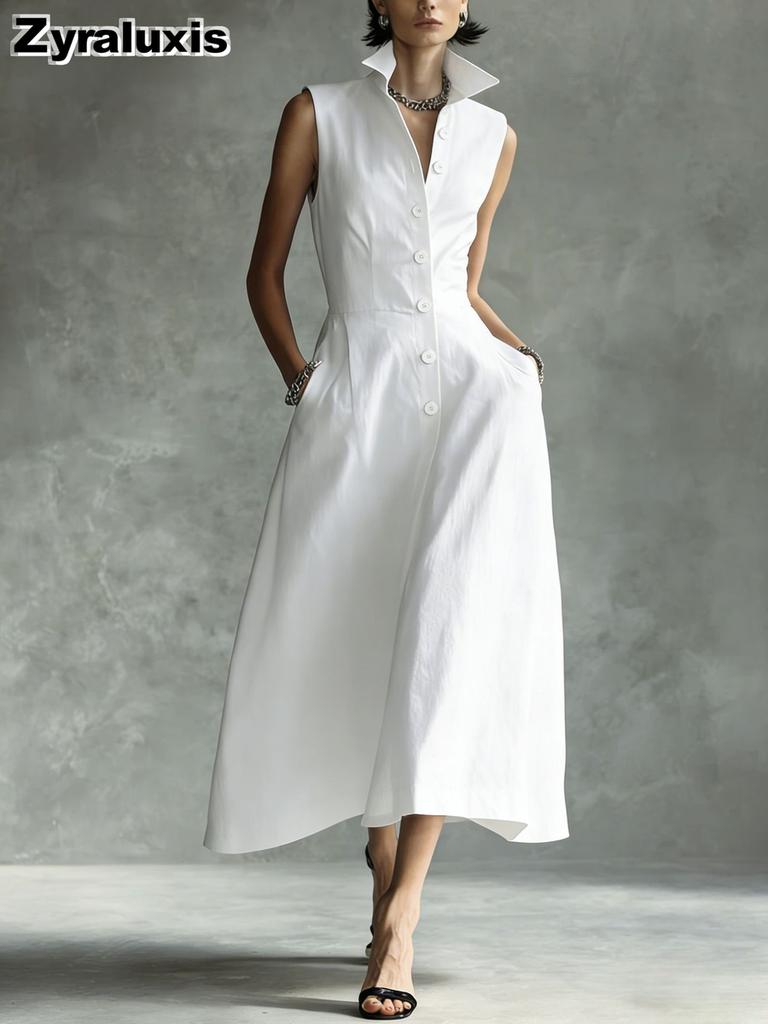 New Summer Fashion Casual Stand Collar Chic Trendy Button Women's Dress