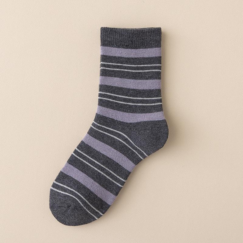 Women's Striped Terry Socks - Extra Thick, Warm, and Soft Mid-Calf Socks for Autumn and Winter