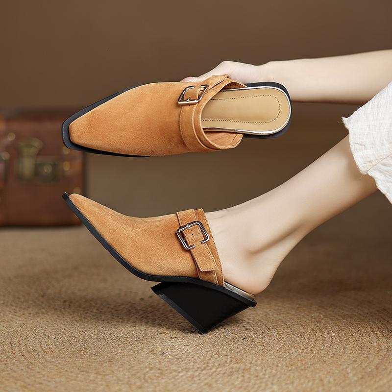 Fashion 2025 New Brand Sandal Retro Ladies Sheep Suede Fashion Chunky Heels Summer Wedges Mules Slippers Women Casual Office Shoes Woman