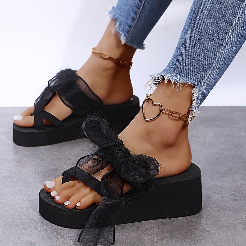 

Fashion Women s Slope Heel Sandals Summer New Round Head Set Toe Butterfly Knot Thick Sole Anti-slip Wear Slippers 36