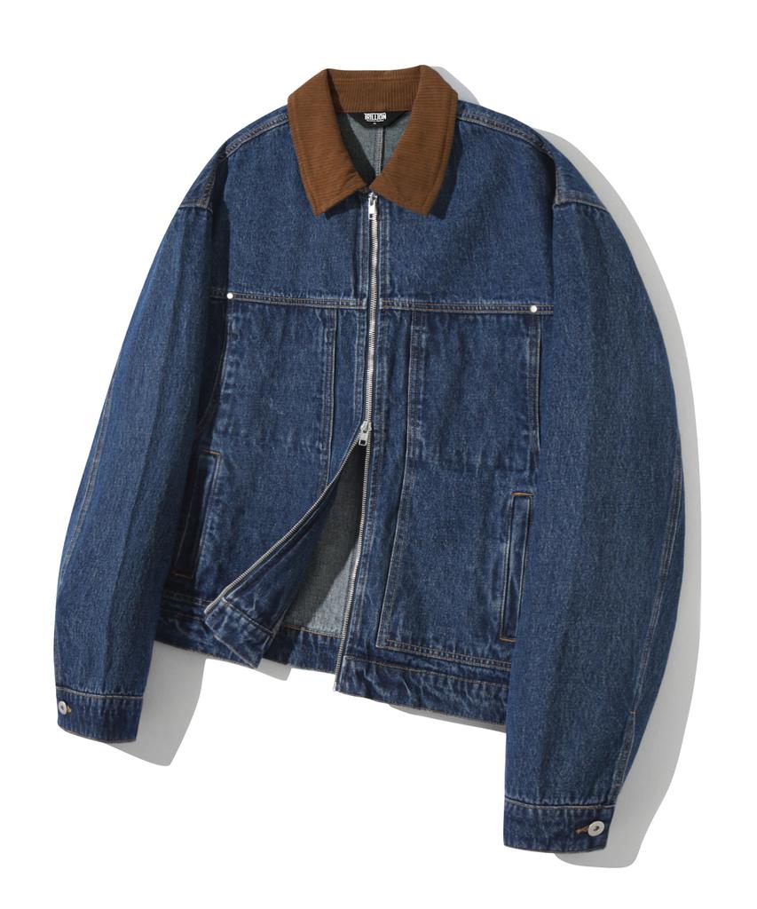 Trillion Corduroy Collar Denim Zip-Up Work Jacket (Middle Blue)