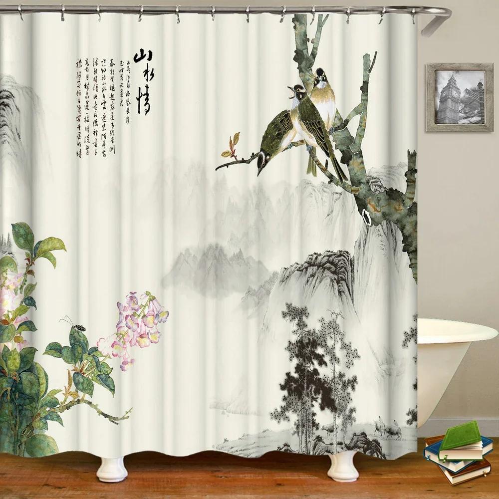 Elegant Chinese Landscape Print Waterproof Shower Curtain - Stylish,Durable &Easy-Care Choice for Multiple Bathroom Décor Themes