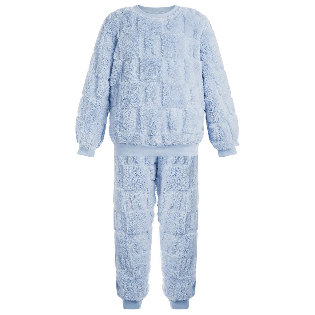Boys Girls Flannel Pajamas Set Casual Homewear Round Neck Long Sleeve Tops Elastic Waist Pants