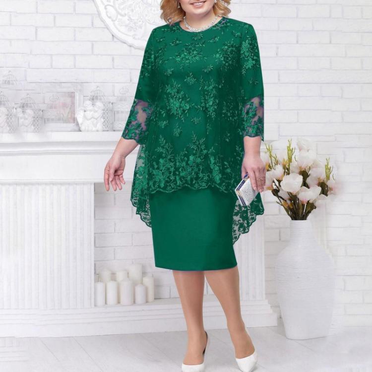 Mode Damen Lässig Zweiteiliges Set Kleid Spitze Stickerei Mittellang Qunide
