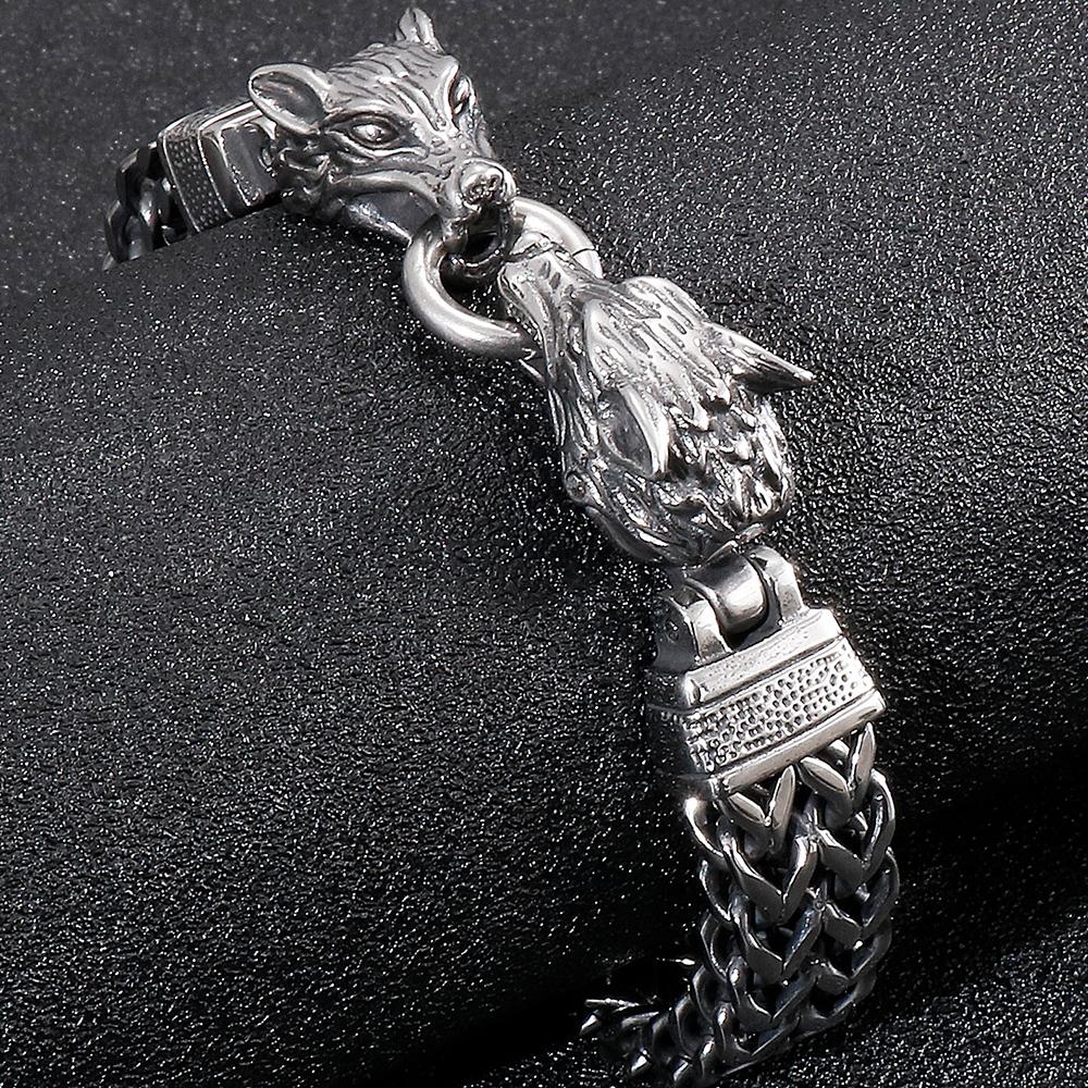 Men's Double Wolf Head Bracelet Man Vintage 12MM Width 316l Stainless Steel Punk Chain Gothic Animal Jewelry Accessory for Men