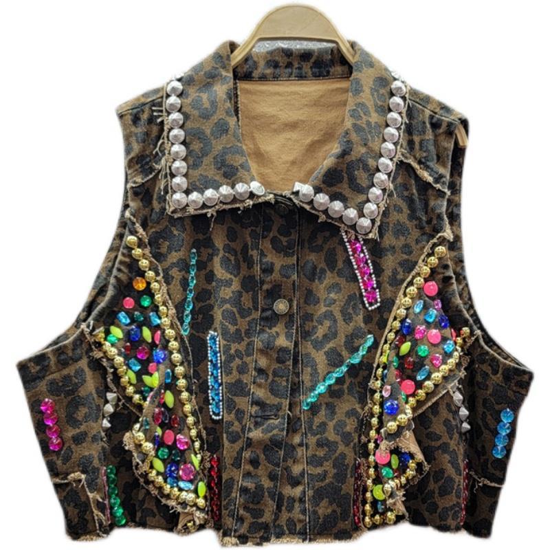 European and American leopard print denim vest women's summer sleeveless vest versatile outer wear vest foreign style short jacket cross-border trendy