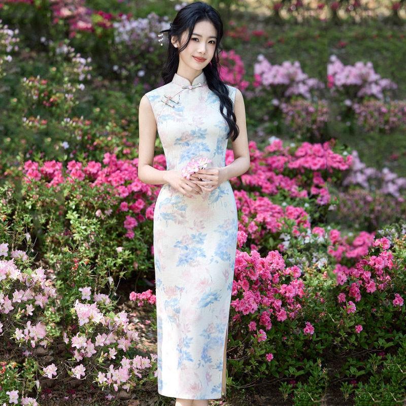 Long Sleeveless Cheongsam Dress Women 2026 Modern Chinese Style Daily Wear Tencel Linen Blend Small