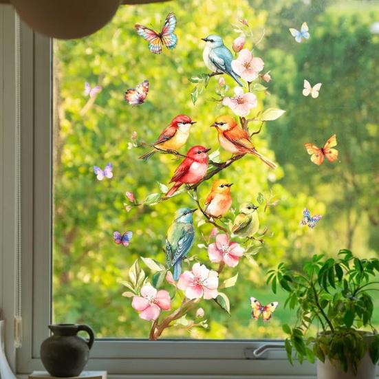 Cherry Blossom Flower Window Clings Floral Branch Butterfly Birds Window Decal Static Glass Doors