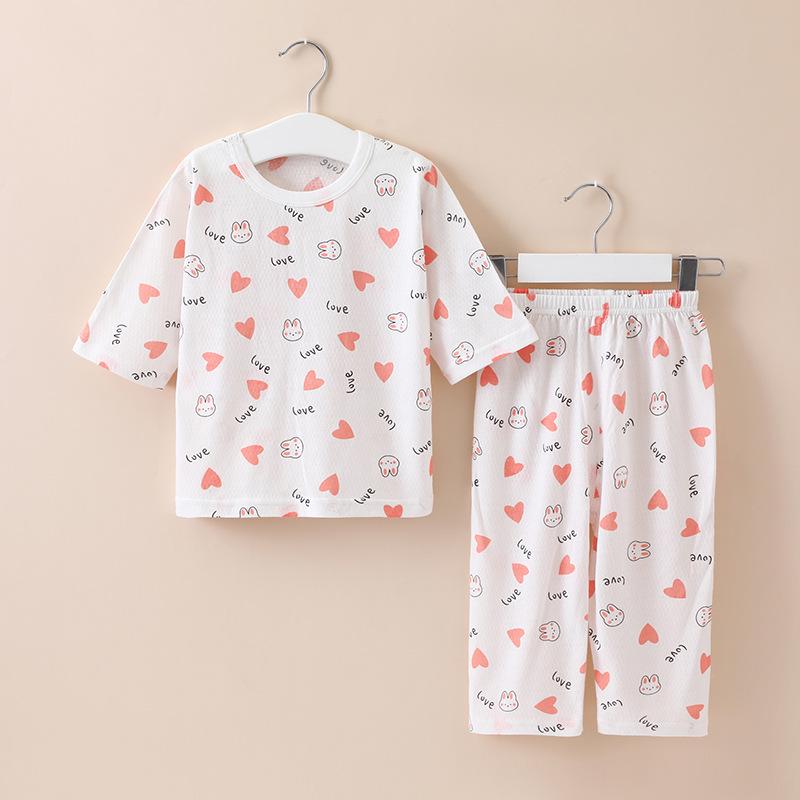 Children's Summer Cotton Pajama Set - Cartoon Print, Tagless, 3/4 Sleeves, for Air-conditioned Rooms