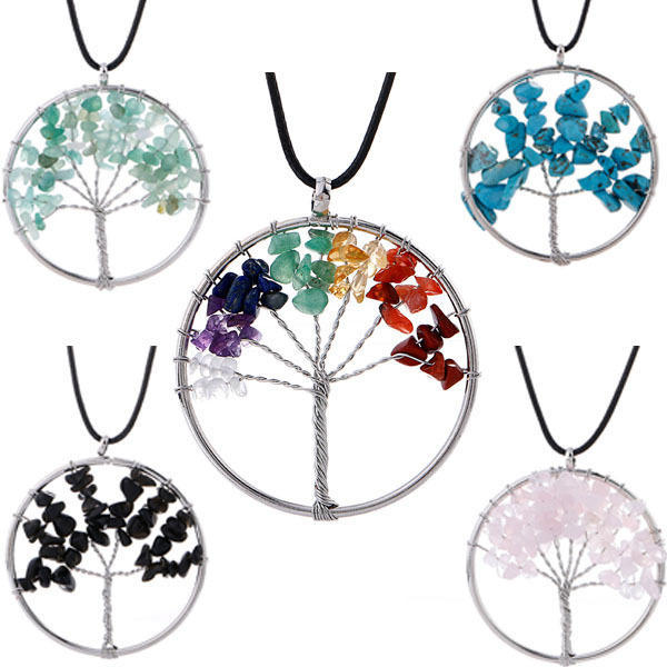 Hand-Wound Natural Gravel Crystal Tree Of Life, Natural Stone Fortune Tree Colorful Necklace N85
