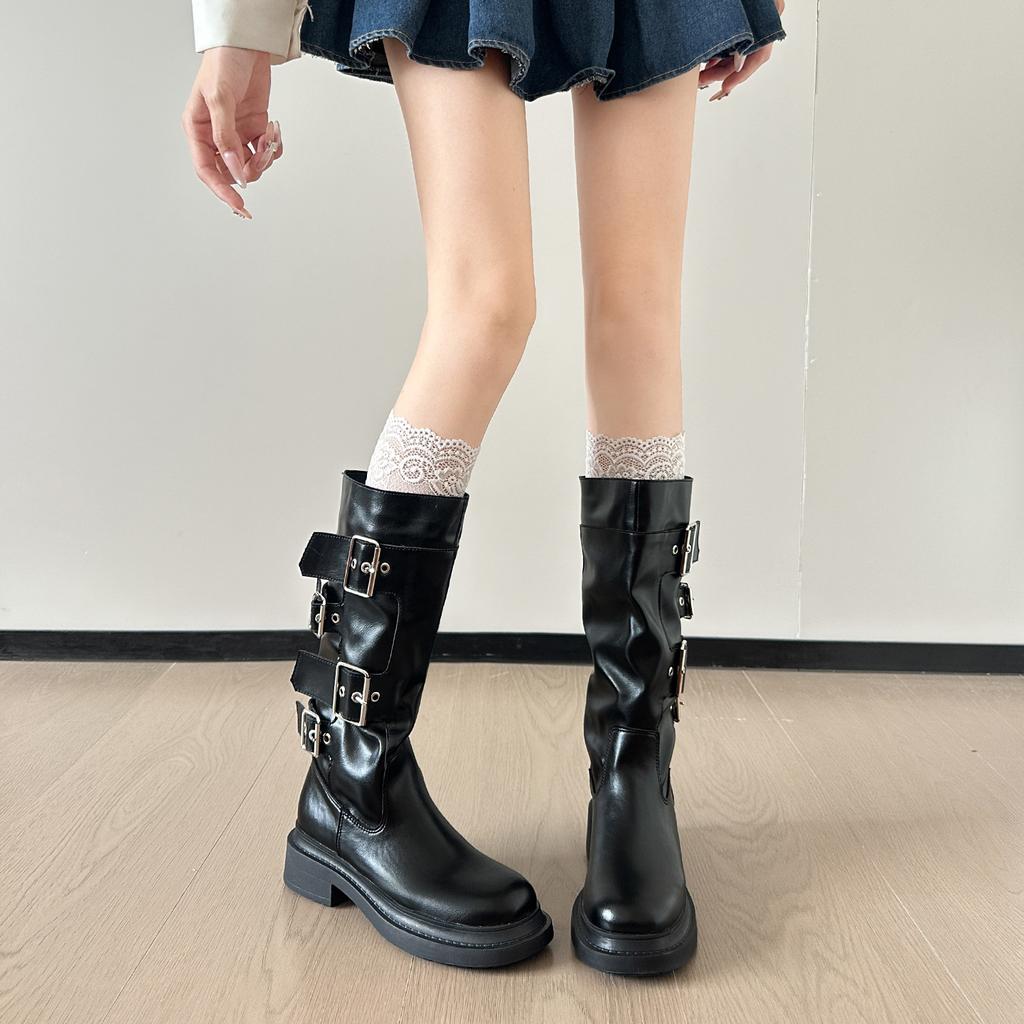 Cowhide version~ Genuine leather thick-soled medium boots women's autumn thick-heeled knight boots belt buckle Martin boots slim motorcycle boots