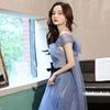 Blue evening dress 1011 summer new simple one-word shoulder elegant performance student art exam host dress