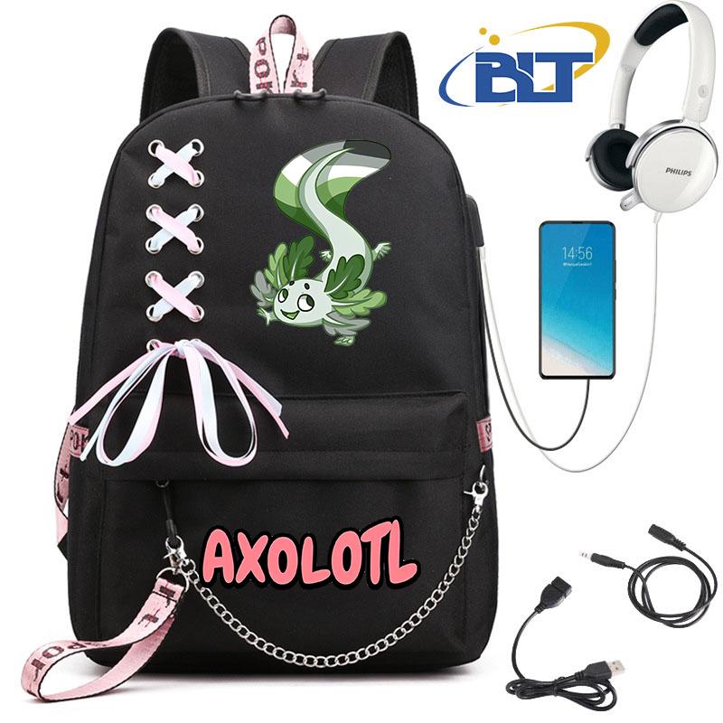 Cute Axolotl Printed Student Schoolbag for Girls Black Backpack Usb Kids Casual Bag Back To School Gift