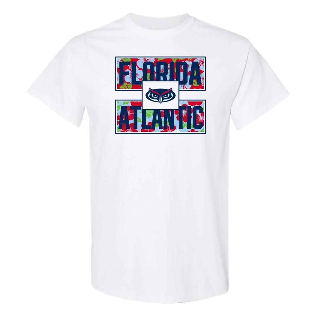 Florida Atlantic Owls Hibiscus Pattern Blocks T Shirt - White