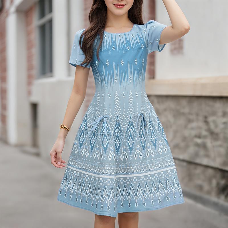ZANZEA Women Summer Round Neck Short Sleeve Casual Print Elegant Dress