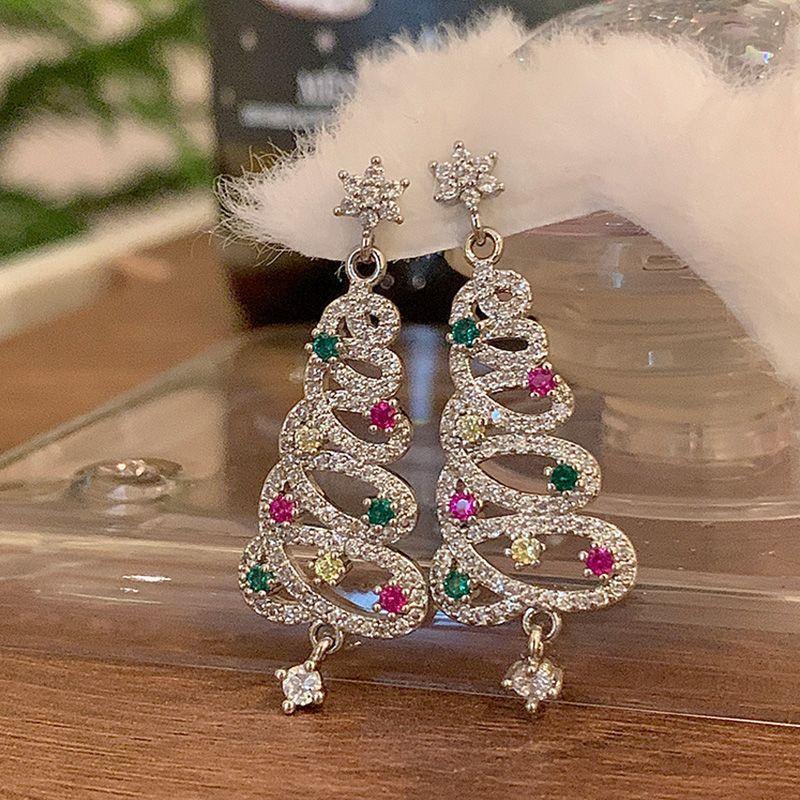 Full diamond colored zircon Christmas tree earrings, high-end exquisite, fashionable, sweet and versatile earrings, Christmas earrings