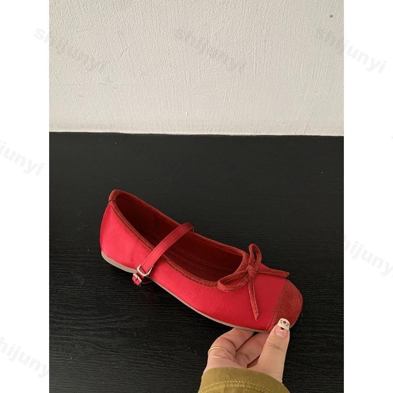 Bow-knot Mary Janes Women's Shoes Height Increasing 2025 Spring New Buckle Strap Ballet Dance Shoes Round Toe Comfortable Flats