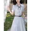 Luxiangnan Women's Blue Stripe Short-Sleeve Midi Dress