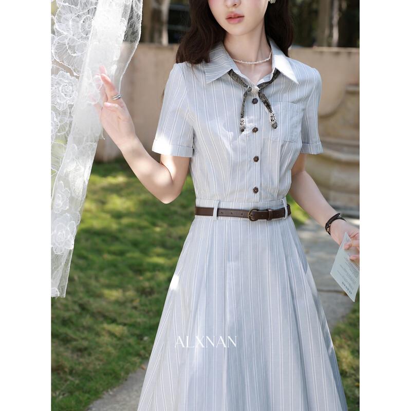 Luxiangnan Women's Blue Stripe Short-Sleeve Midi Dress