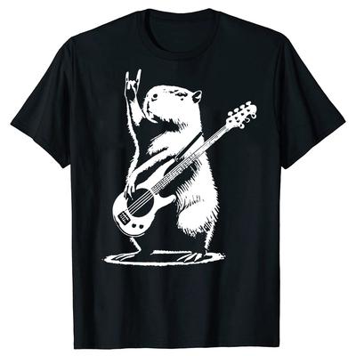 Funny Vintage Capybara Playing Guitar Retro Rock Music T-shirts Men Fashion Casual Tshirt 100% Cotton Loose Oversized T Shirt