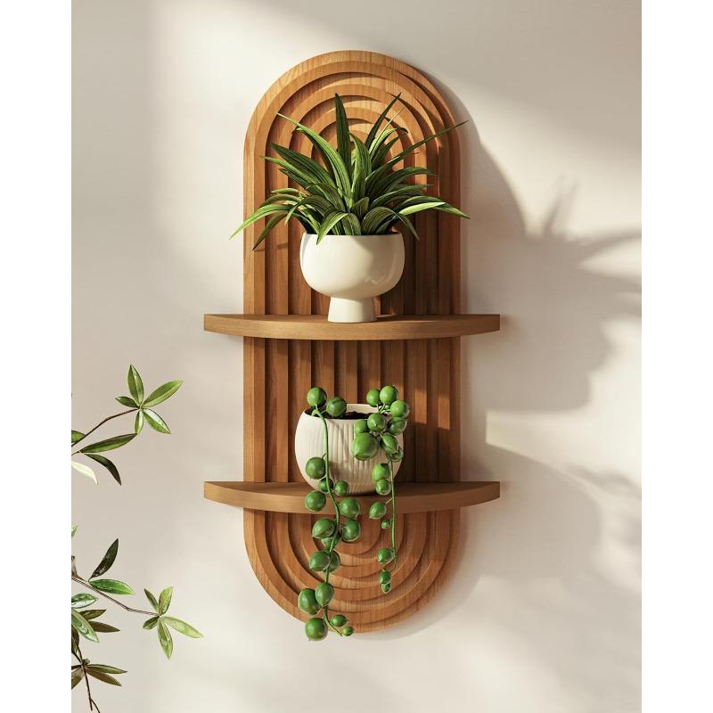 Wall Decor Brown Plant Wall Shelf, Modern Hanging Plant Shelf, 2-Tier Wooden Floating Shelves for Home, Living Room, Office Holding Planter Decoration
