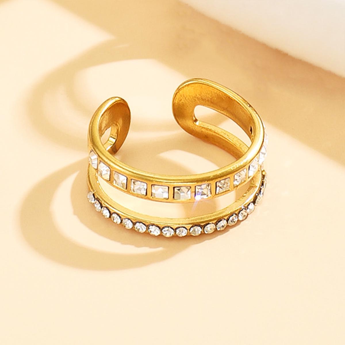 Luxury Multi-color Rhinestone Stainless Steel Double Row Open Ring for Women