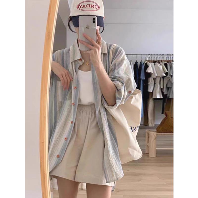 

Ретро рубашка в полоску с длинным рукавом большого размера и куртка от солнца для женщин L