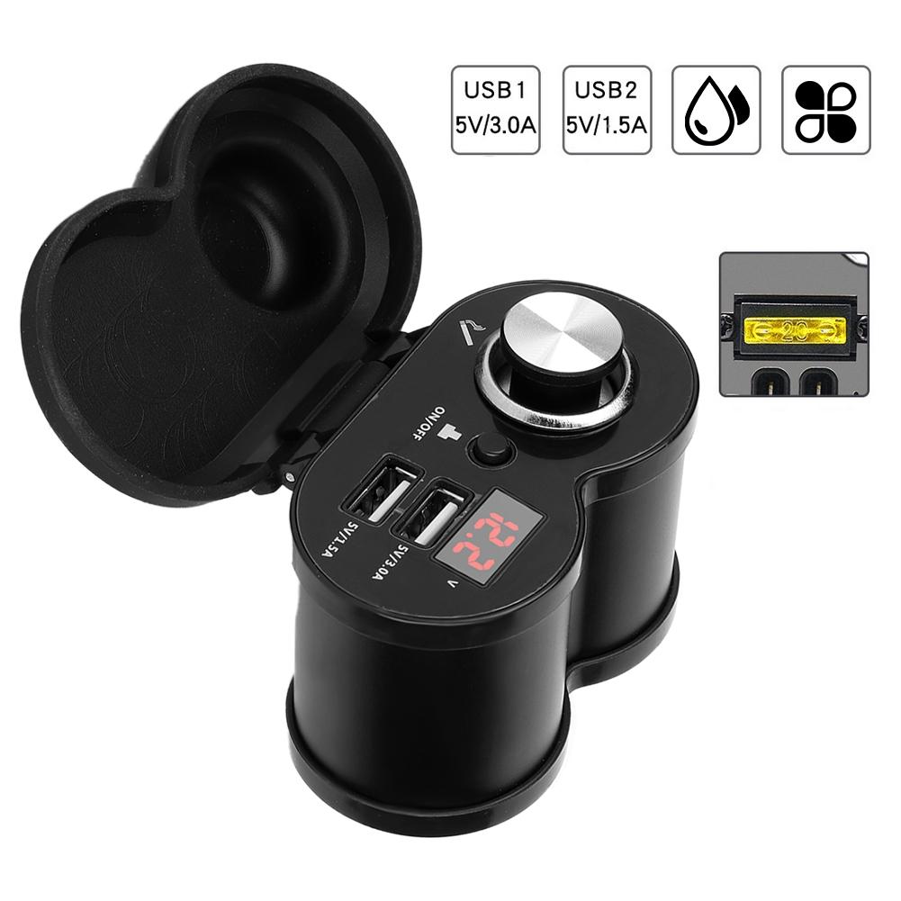 Motorcycle Dual USB MultiFunction Phone Charger with Voltmeter and Cigarette Lighter (Black)