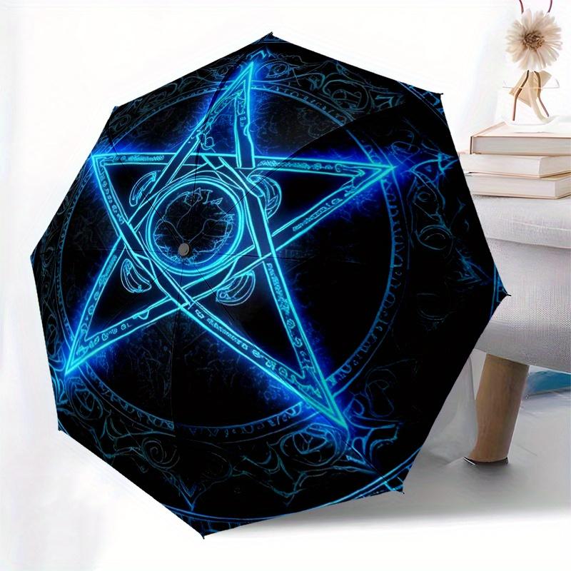 Blue Glowing Pentagram Symbol Tapestry Wall Hanging Decoration Umbrella, Cute Umbrella with Cute Design, Portable 3-Fold Compact Umbrella for Men & Wo