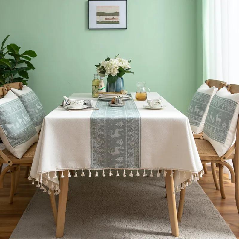 Nordic Linen Geometric Wave Pattern Embroidered Deer Tablecloth Square Multifunctional Cover Cloth