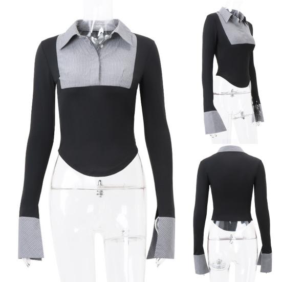 Yousheng Women Shirt Half-opening Color Matching Buttoned Turn-down Collar Slim Blouse Stripe Slit Cuffs Horn Sleeves Top for Work Party Daily Wear