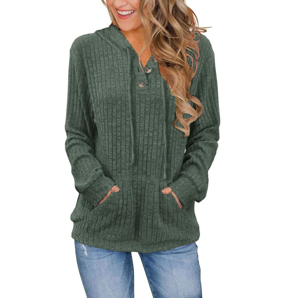 Women's Fashion Long Sleeve Solid Color  Casual Ribbed Button Hoodie Top