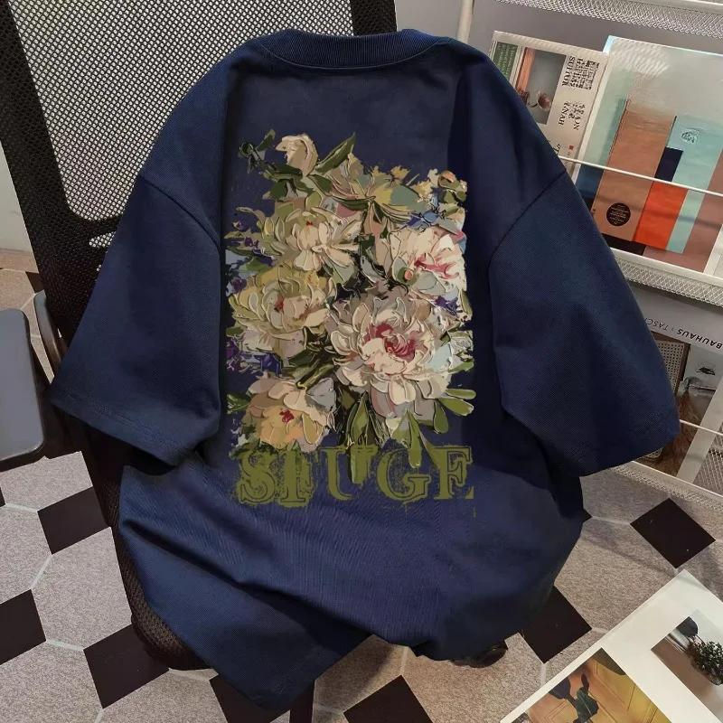 

Женская футболка с принтом масляной живописи «Цветок», летние свободные футболки с короткими рукавами для девочек, круглый вырез, универсальный топ с темпераментом 3XL темно-синий