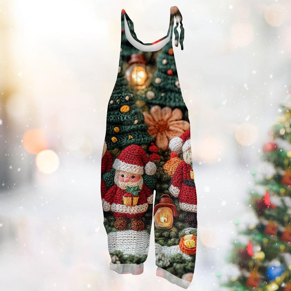 Frauen Overall Weihnachts Druck Beiläufige Lose Vintage Schulter Gurt Baumwolle Leinen
