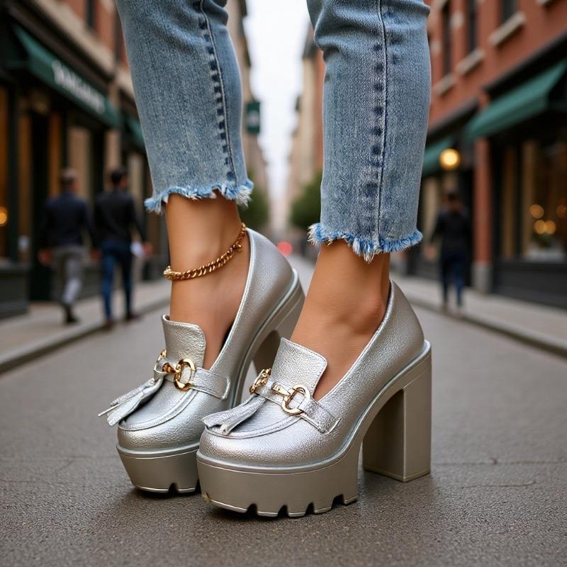 Women's Chunky Heel High Heel Shoes with Tassel Decoration - 2025 Autumn Collection in Plus Sizes
