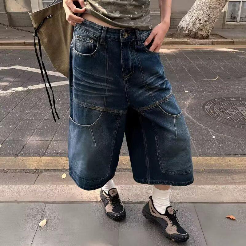 American retro washed old denim shorts summer men and women loose and versatile and thin straight wide-leg cropped pants tide