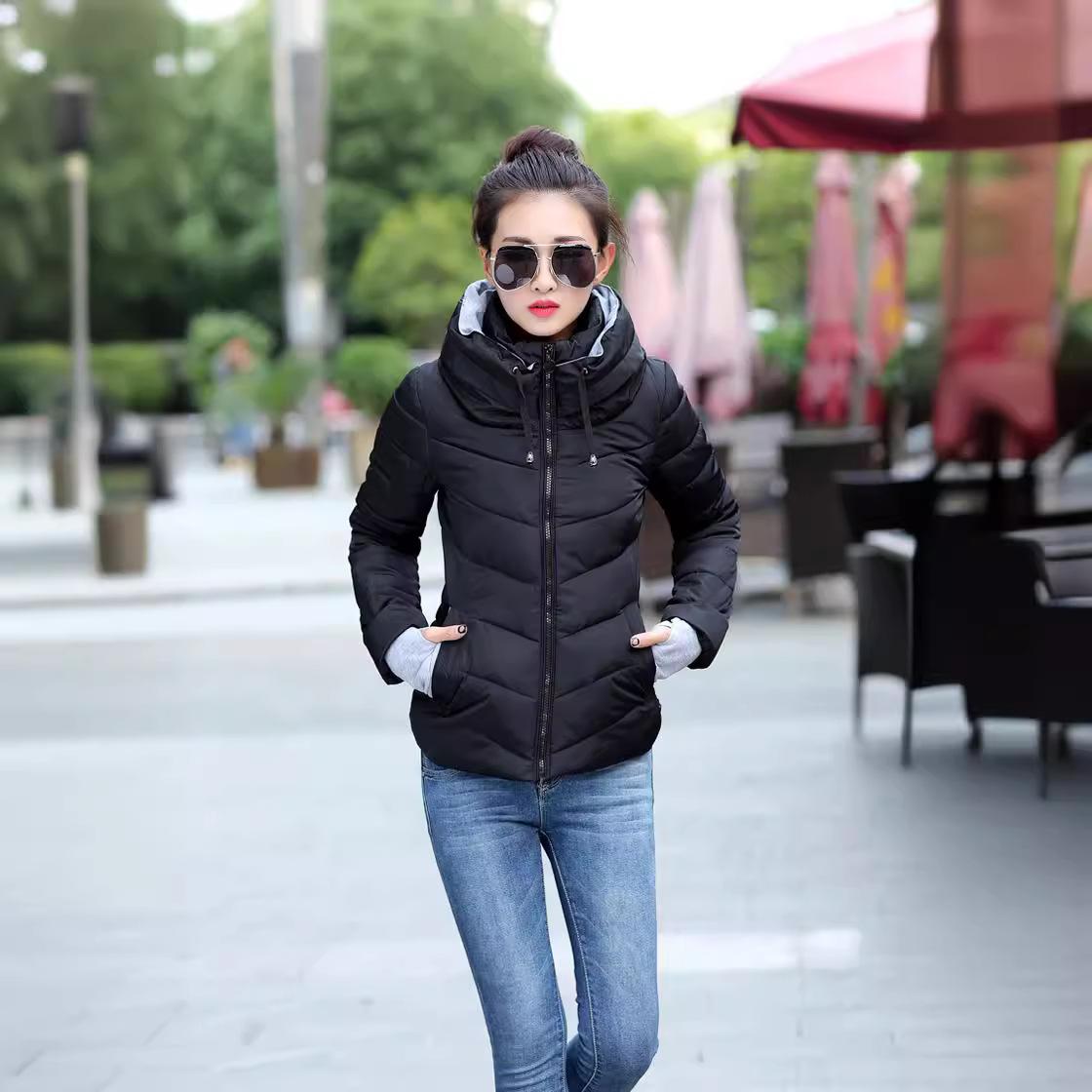 

Women s Cotton Coat Short Outwear Standing Collar Zipper Jacket Drawstring Slim Multicolor Winter Small Tops Warm Handguard XS чорний