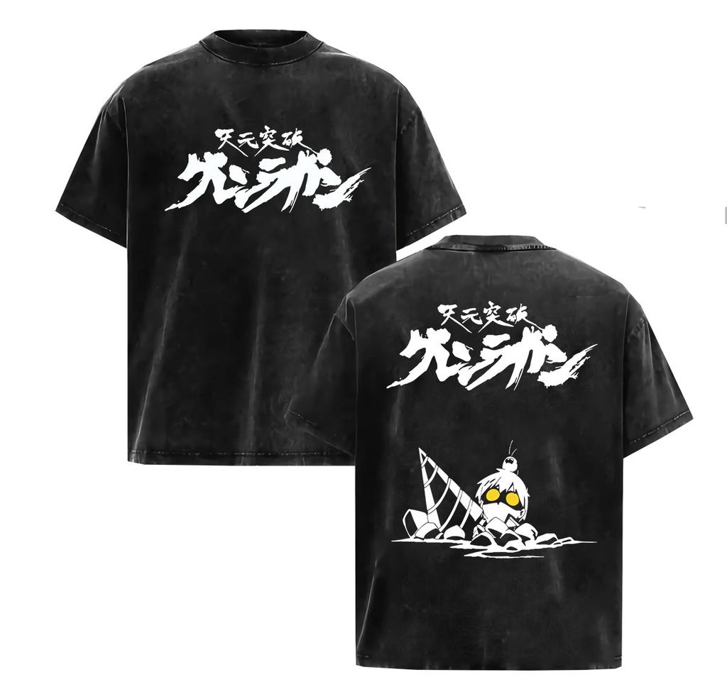 Vintage Washed Anime Tengen Toppa Gurren Lagann Graphic T Shirt Unisexs Oversized Harajuku Fashion Short Sleeve Tshirt Streetwear