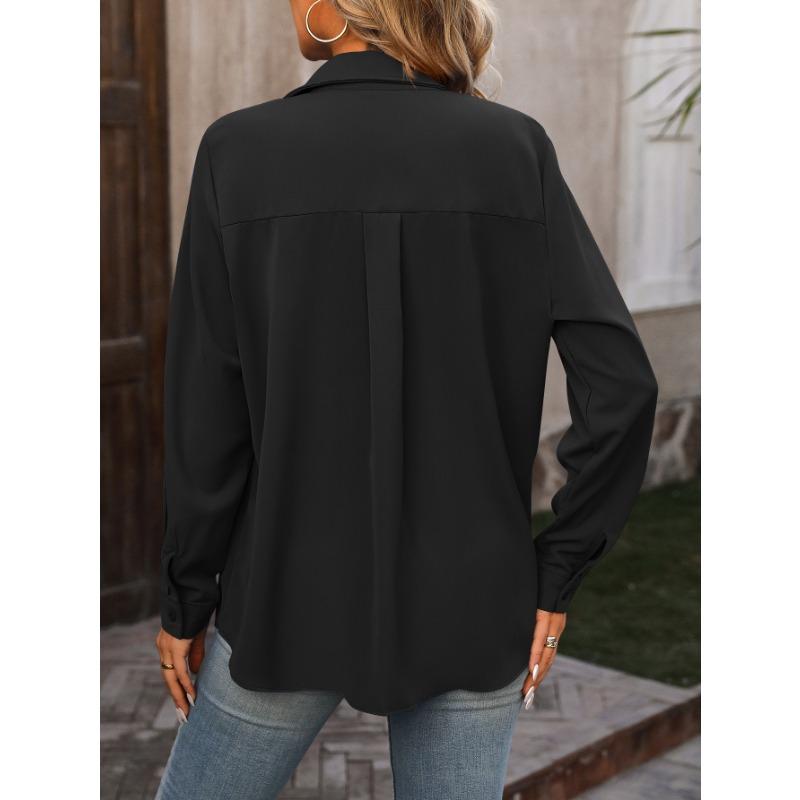 Women's Fashion Casual Spring Fall Solid Color Print Long Sleeve POLO Neck Blouses & Shirts