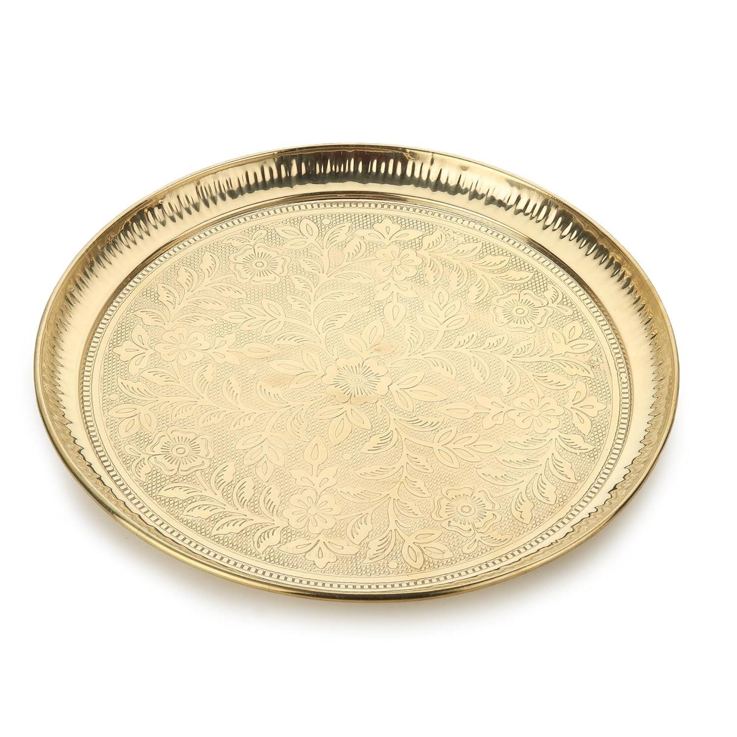 Handmade Pure Brass Puja Thali with Flower Embossed Design