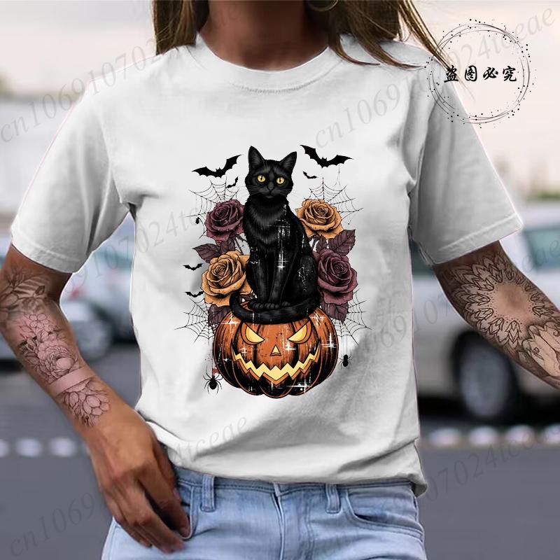 Halloween Skull Bow Pumpkin Shirt Funny Retro Black Cat Tee TShirts Spooky Season Graphic T Shirt for Unisex Short Sleeve Tops