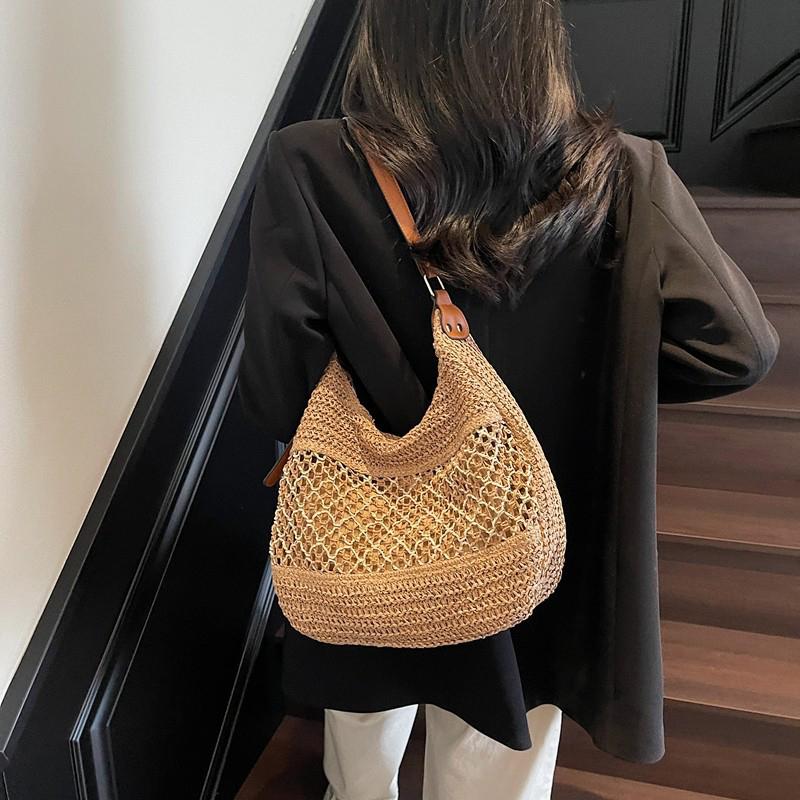 Women Hollow Shoulder Bag Large Capacity Straw Weaving Travel Handbag Adjustable Strap Shopper Tote Bag