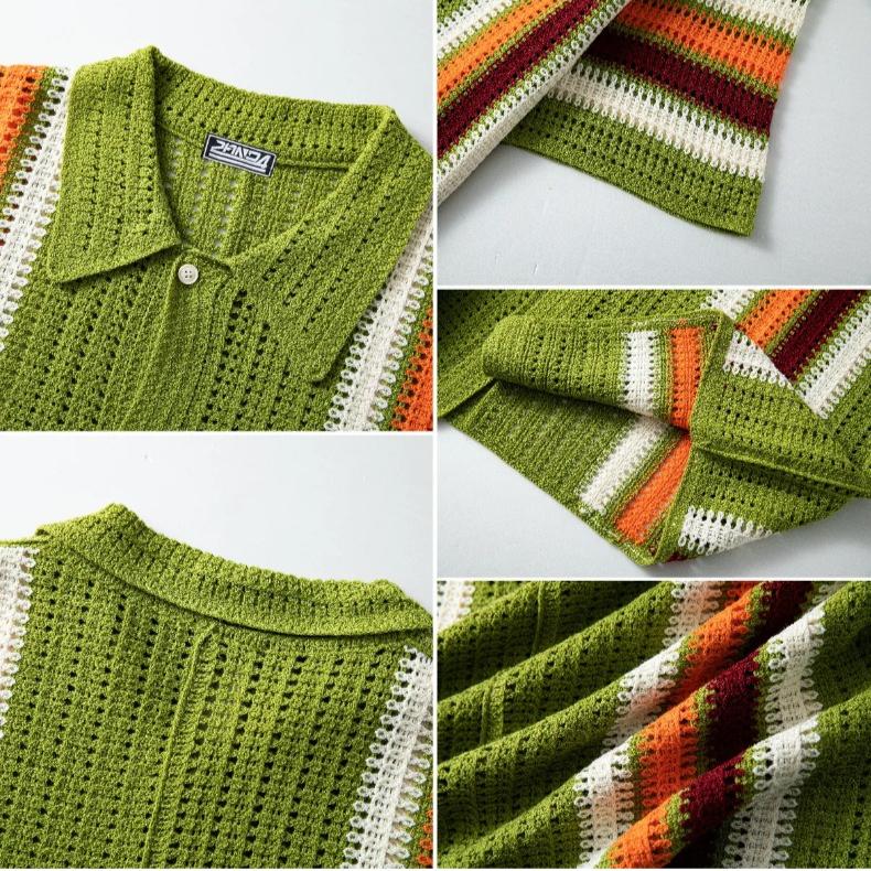 Men's Knitted Crochet Short Sleeve Shirts Casual Button Down Hollow Out Collared Shirt Tops for Men Summer Vacation Vintage Knit Golf Beach Shirts Top